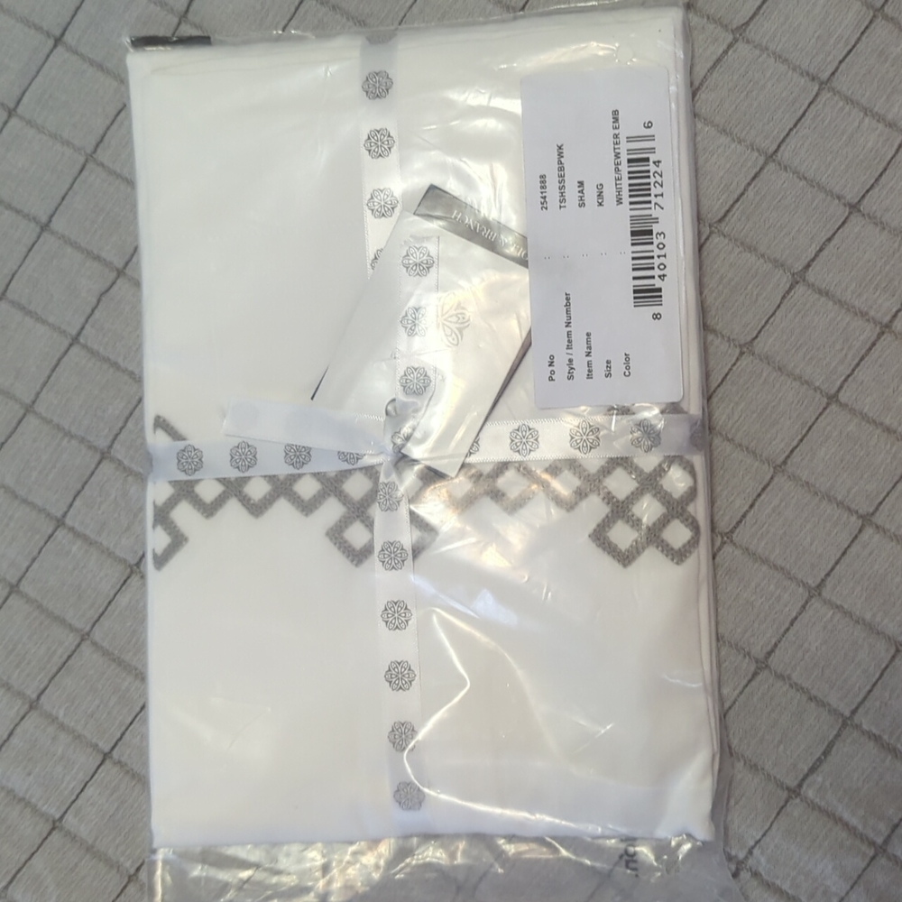 Boll & Branch Signature White / Pewter Embellished Sham King set of two - Picture 2 of 5